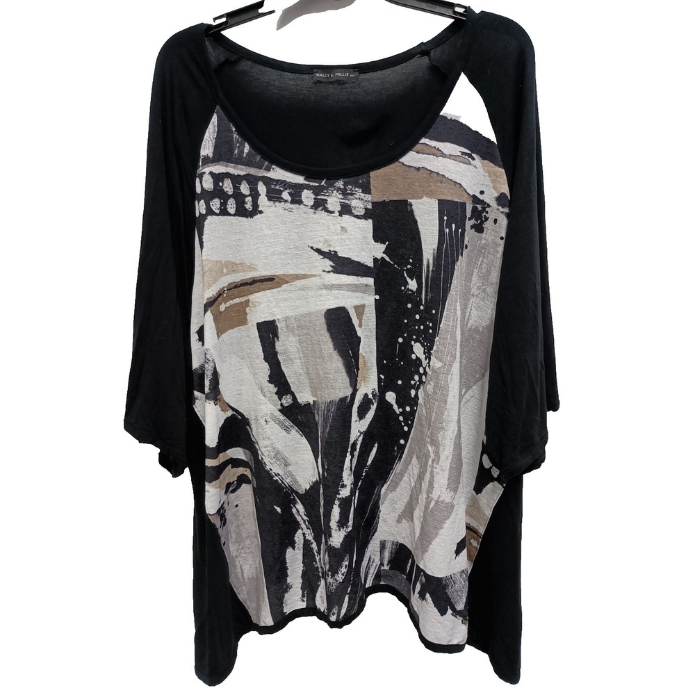 Nally & Millie Tunic Top Womens Size 1X Black Gray Wearable Art Abstract Casual